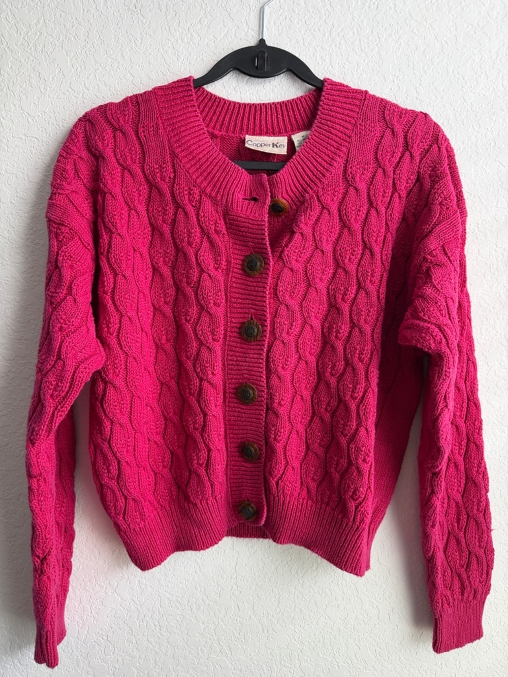 Vintage Copper Key Women's Hot Pink Cable Knit Button-Front Cardigan